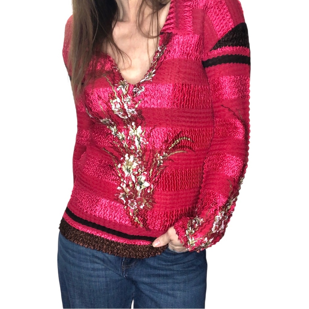Vtg Mirasol Blouse Top Sz S Colorful Floral Crinkled V Neck Semi-Sheer Artsy